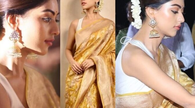 Anu Emmanuel in a gold tissue silk saree for “Japan” launch!
