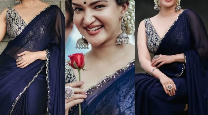 Honey Rose looks pretty in a navy blue saree at an inaugural function!