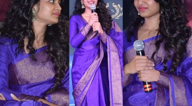 Ivana in a purple silk saree at “Love Today” audio launch!
