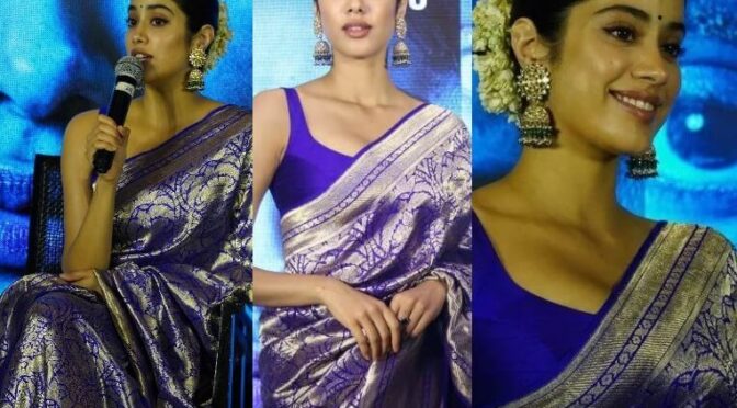 Janhvi Kapoor in a blue Banarasi silk saree for “Mili” promotions!