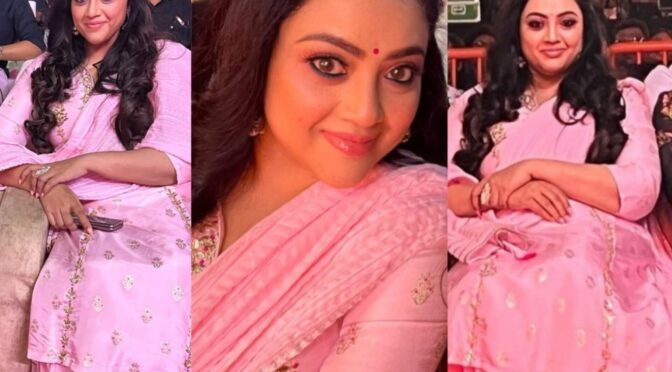 Actress Meena looks pretty in a pink lehenga kurta set!