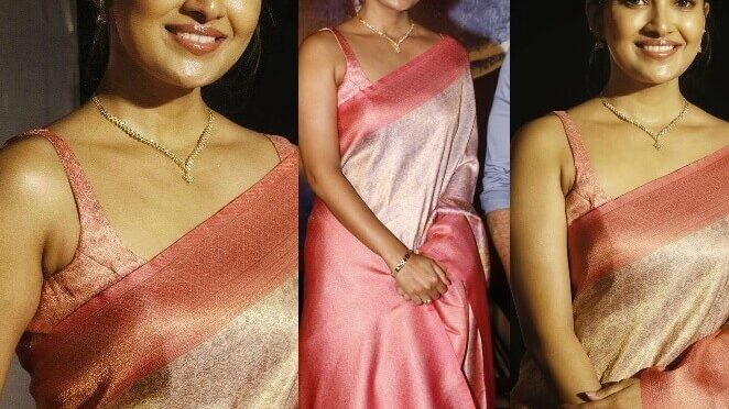 Vani Bhojan in a pink silk saree at “Miral” trailer launch!