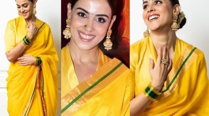 Genelia Deshmukh looks beautiful in a yellow silk saree at “Ved” trailer launch!