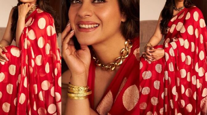 Kajol looks pretty in a Red polka dot saree for “Salaam Venky” promotions!