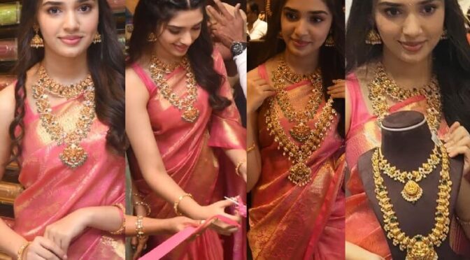 Krithi Shetty looks pretty in a peack silk saree at shop opening event!