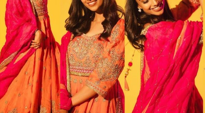 Meenakshi Chaudhary in an orange anarkali for “Hit-2” promotions!