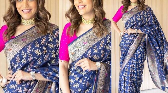 Nisha Aggarwal looks pretty in a blue banarasi silk saree!
