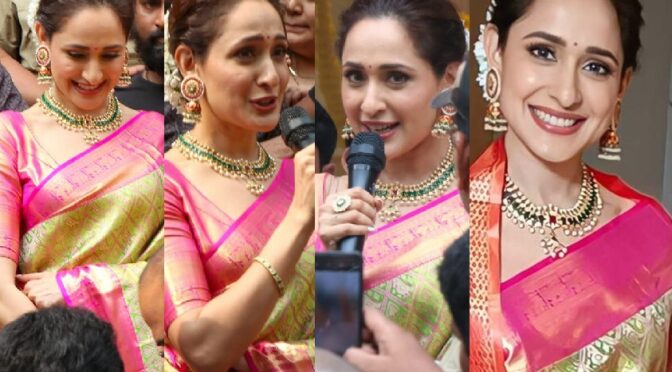 Pragya jaiswal looks beautiful in a green silk saree at shop inaugural event!