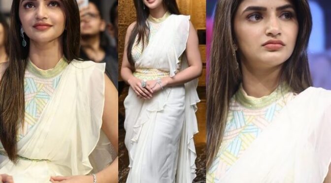 Sreeleela in an ivory ruffle saree at “Dhamaka” pre-release event!