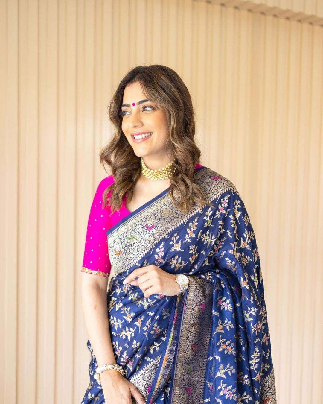 Nisha Aggarwal looks pretty in a blue banarasi silk saree! | Fashionworldhub