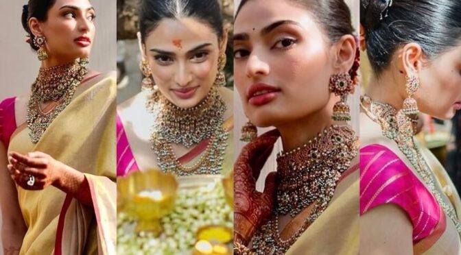 Athiya shetty looks pretty in a silk saree for her pre wedding festive!