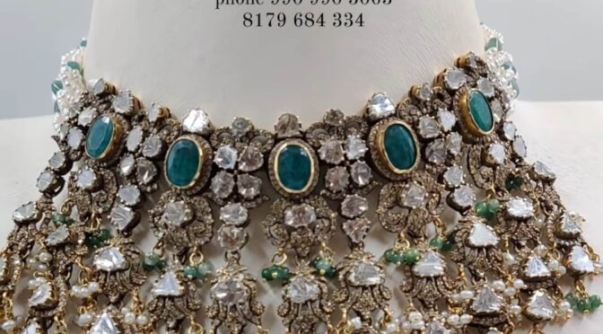 Victorian flat diamond emerald necklace