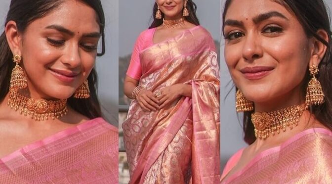 Mrunal thakur looks pretty in a silk saree by kankatala!