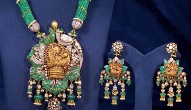 Emerald and pearl beads haram with statement peacock pendant set!