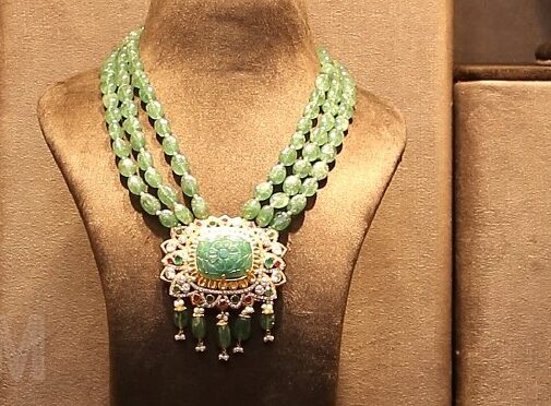 Emerald beads haram with pendant by Ashoka jewellers!