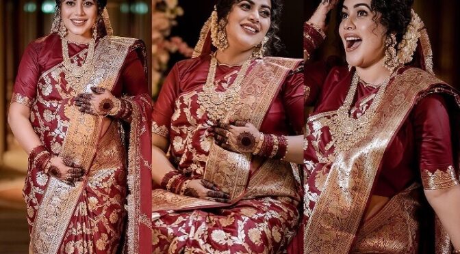 Actress Shamna kasim glowing in maroon banarasi silk saree for her baby shower !