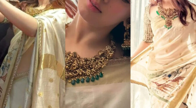 Tamannah looks beautiful in an ivory saree for Shop inaugural!