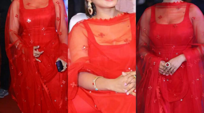 Nivetha pethuraj in a red salwar set at Das Ka Dhamki Movie Trailer Launch Event!