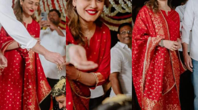 Namrata Shirodkar in a red kurta set at a recent wedding!
