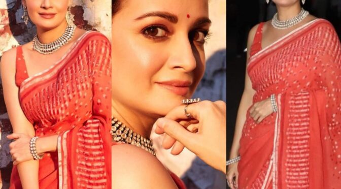 Dia Mirza in a red stripe saree for Bheed promotions!