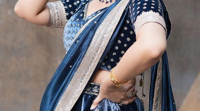 Sreemukhi looks beautiful in a blue velvet lehenga!