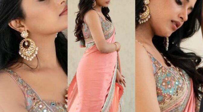 Priyanka mohan looks pretty in a peach saree by Gopi Vaid!