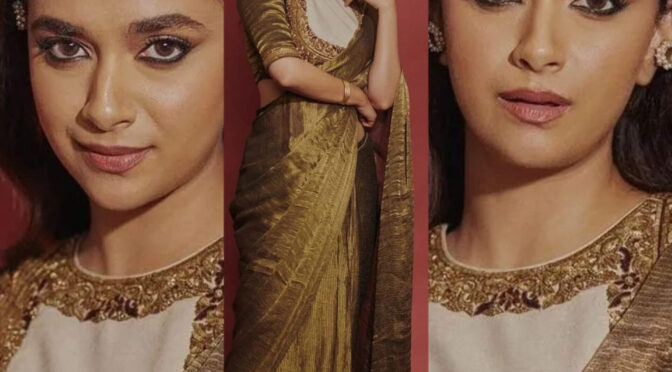 Keerthy Suresh in Antique Gold Saree at Dasara Promotions!