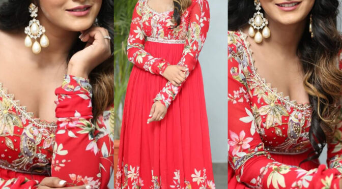 Dimple Hyathi in a red floral gown for Rama Banam Promotions!
