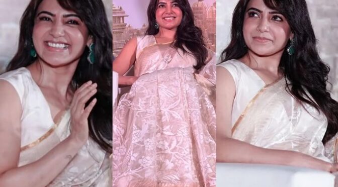 Samantha looks pretty in a white silk saree for Shakuntalam promotions!