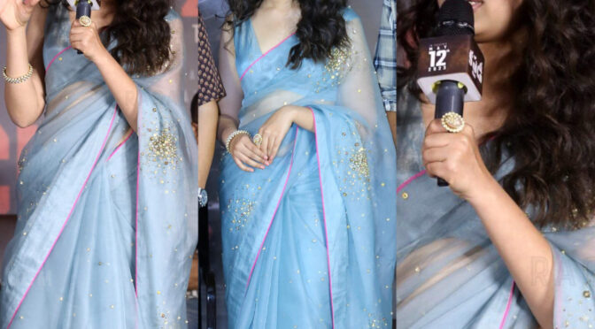 Krithi Shetty looks pretty in a blue saree for Custody press meet!