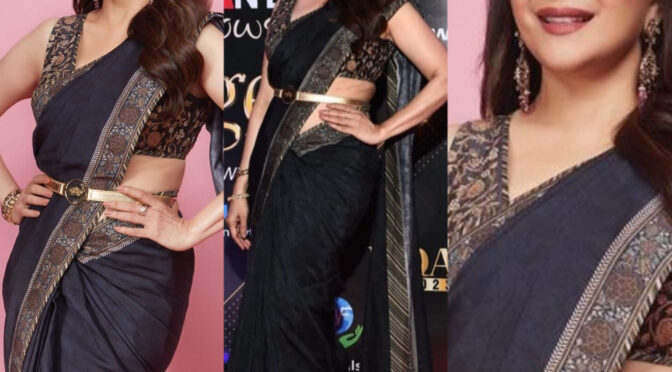 Madhuri dixit looks beautiful in a black saree at global excellence award!