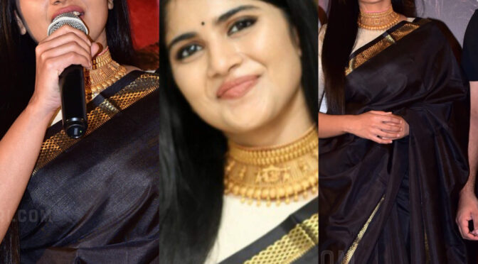 Megha akash in a black saree at Manu Charitra Pre release event!