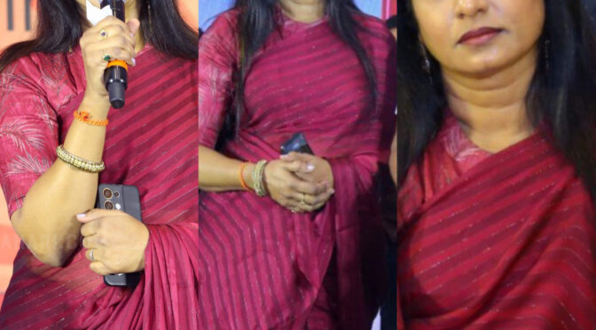 Amani in a maroon striped saree at Narayana & Co Movie Pre-Release Event.