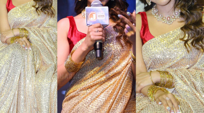 Ishwarya menon in a gold sequin saree at Spy movie pre release event!