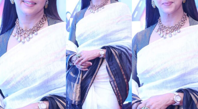 Nadhiya looks pretty in an Ivory saree at LGM movie press meet!