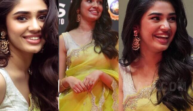 Krithi shetty stuns in an yellow saree at Genie Movie Launch Event