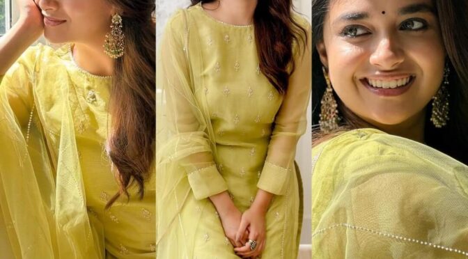 Keerthy suresh looks pretty in a yellow salwar suit!