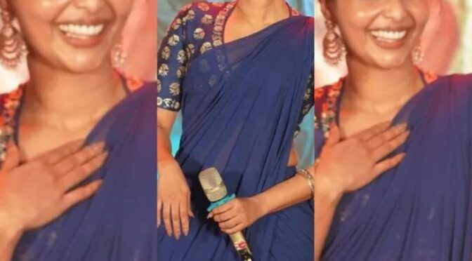 Aishwarya Lekshmi in blue pre draped saree at King of kotha pre release event!