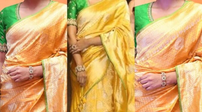 Anukreethy Vas in a yellow silk saree at Tiger Nageswara Rao Pre-Release Event!