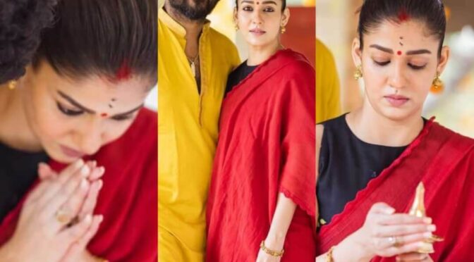 Nayanthara Looks pretty in a simple red saree for new housewarming ceremony!