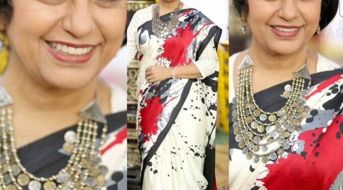Suhasini in a printed crape saree at Mahathi Movie Launch event!